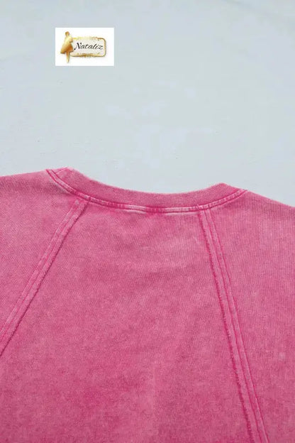 100% Cotton Pink Mineral Wash Raw Seam Detail Lace Trim Cap Sleeve Top Nataliz