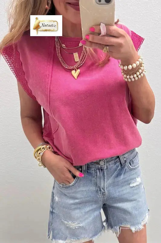 100% Cotton Pink Mineral Wash Raw Seam Detail Lace Trim Cap Sleeve Top Nataliz