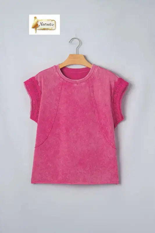 100% Cotton Pink Mineral Wash Raw Seam Detail Lace Trim Cap Sleeve Top Nataliz