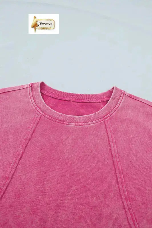 100% Cotton Pink Mineral Wash Raw Seam Detail Lace Trim Cap Sleeve Top Nataliz