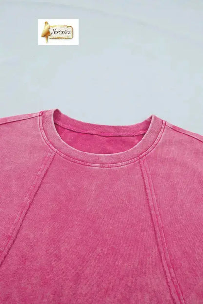 100% Cotton Pink Mineral Wash Raw Seam Detail Lace Trim Cap Sleeve Top Nataliz