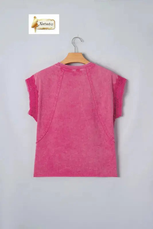 100% Cotton Pink Mineral Wash Raw Seam Detail Lace Trim Cap Sleeve Top Nataliz