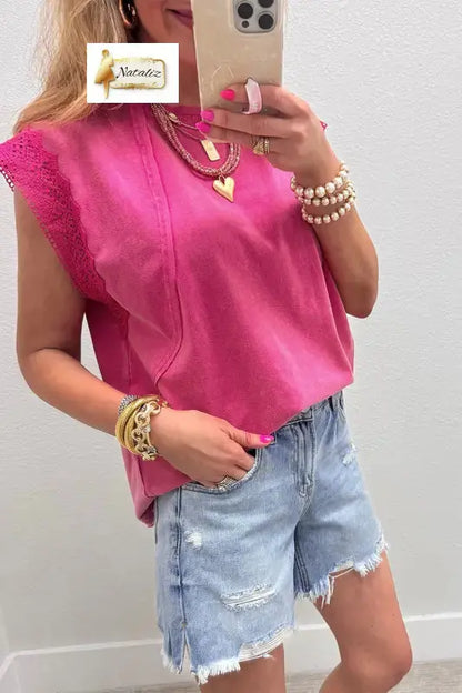 100% Cotton Pink Mineral Wash Raw Seam Detail Lace Trim Cap Sleeve Top Nataliz