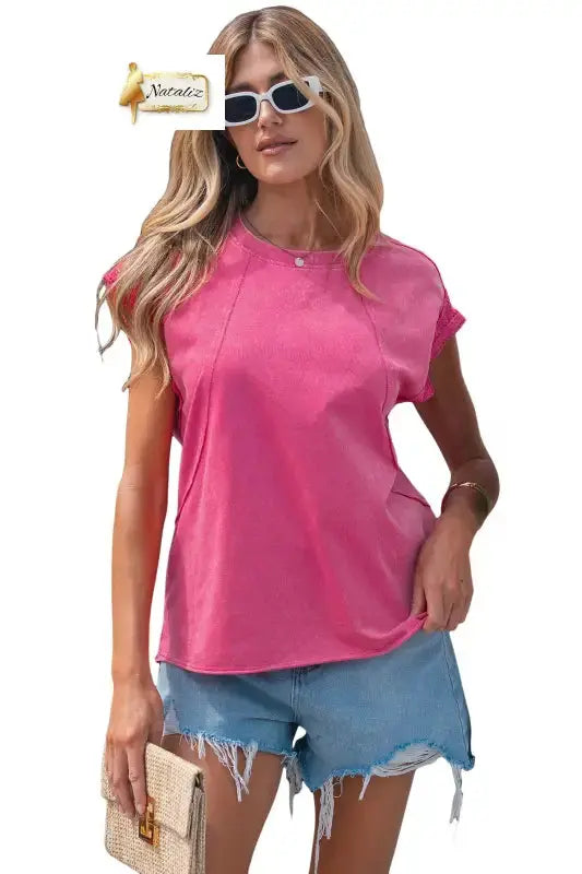 100% Cotton Pink Mineral Wash Raw Seam Detail Lace Trim Cap Sleeve Top Nataliz
