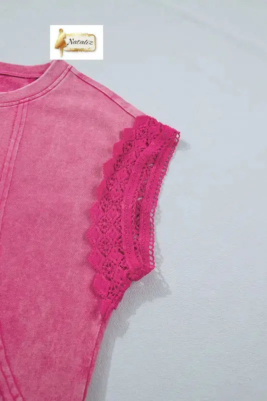 100% Cotton Pink Mineral Wash Raw Seam Detail Lace Trim Cap Sleeve Top Nataliz