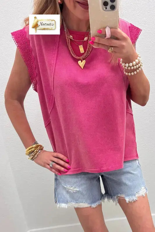 100% Cotton Pink Mineral Wash Raw Seam Detail Lace Trim Cap Sleeve Top Nataliz