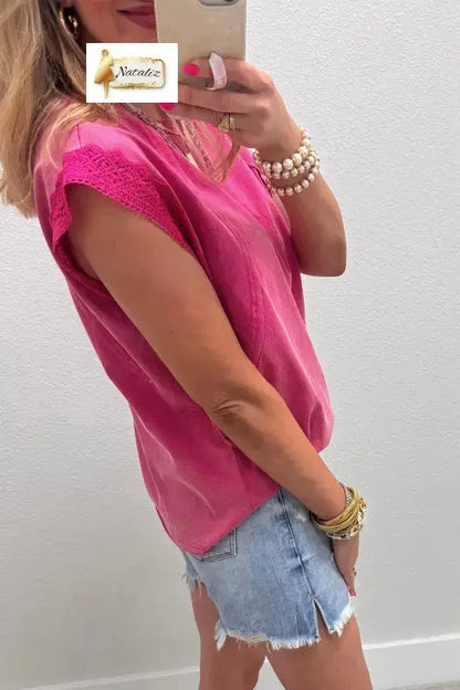 100% Cotton Pink Mineral Wash Raw Seam Detail Lace Trim Cap Sleeve Top Nataliz