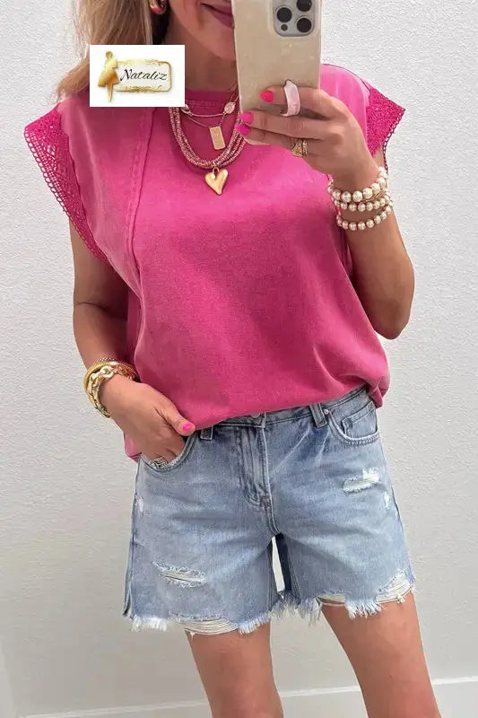 100% Cotton Pink Mineral Wash Raw Seam Detail Lace Trim Cap Sleeve Top Nataliz