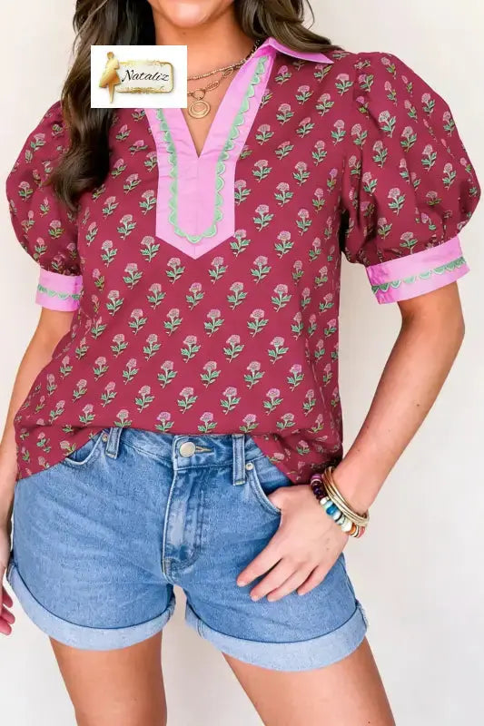 100% Cotton Red Contrast Collared V Neck Ricrac Trim Short Puff Sleeve Flower Blouse Dear-Lover Dropshipping
