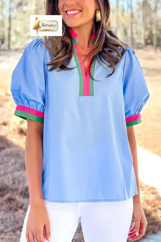 100% Cotton Sky Blue Contrast Striped V Neck Collision Short Puff Sleeve Blouse Dear-Lover Dropshipping