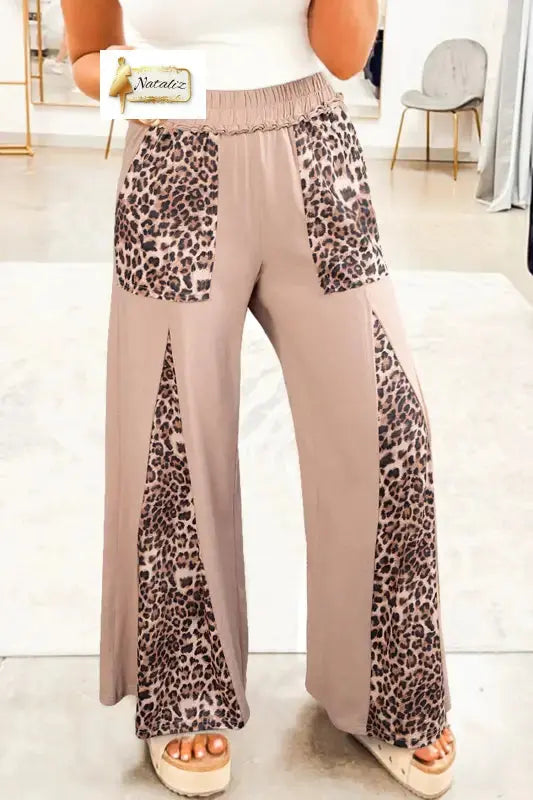 100% Cotton Straw Yellow Mineral Wash Leopard Patchwork Wide Leg Pants Dear-Lover Dropshipping