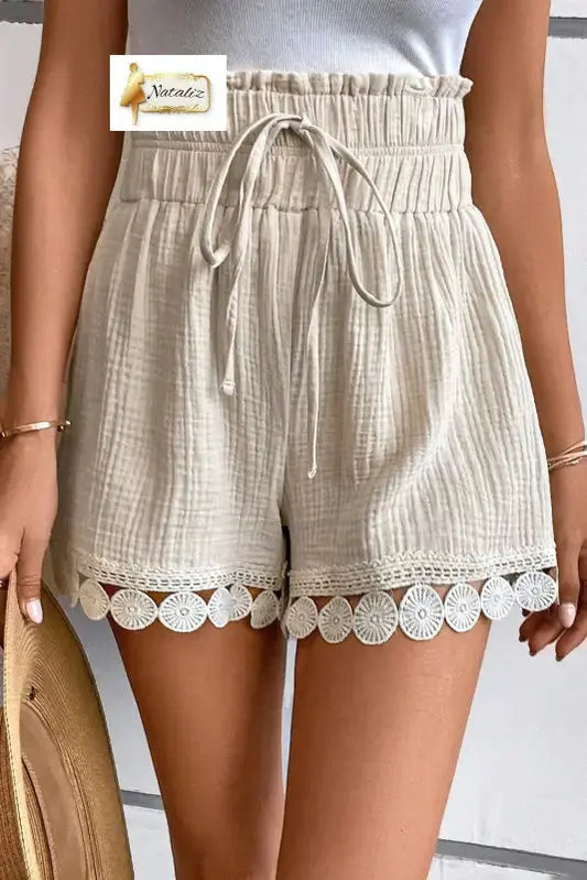 100% Cotton Textured Frilled Knotted High Waist Lace Hem Shorts Dear-Lover Dropshipping