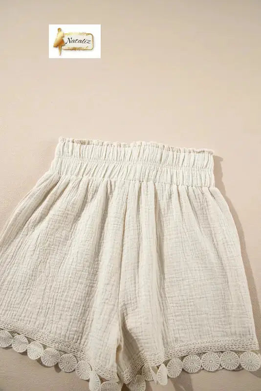 100% Cotton Textured Frilled Knotted High Waist Lace Hem Shorts Dear-Lover Dropshipping