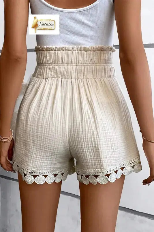 100% Cotton Textured Frilled Knotted High Waist Lace Hem Shorts Dear-Lover Dropshipping