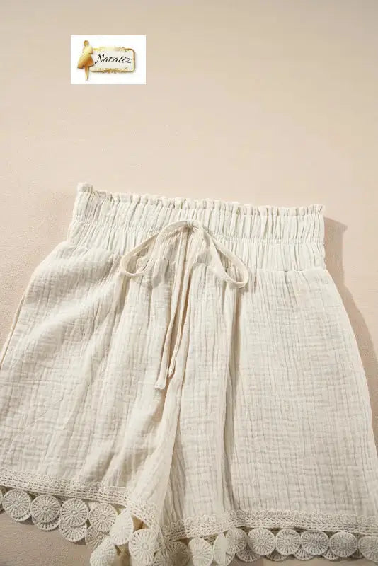 100% Cotton Textured Frilled Knotted High Waist Lace Hem Shorts Dear-Lover Dropshipping