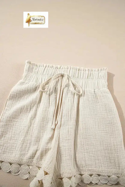 100% Cotton Textured Frilled Knotted High Waist Lace Hem Shorts Dear-Lover Dropshipping