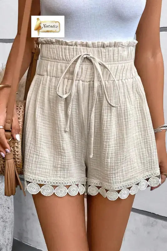 100% Cotton Textured Frilled Knotted High Waist Lace Hem Shorts Dear-Lover Dropshipping