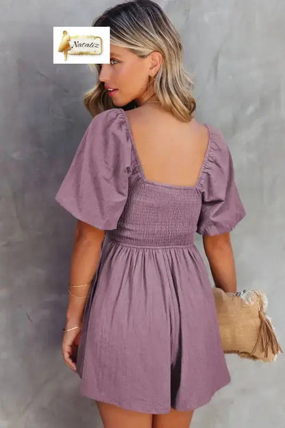 100% Cotton Valerian Square Neck Ruched Puff Sleeve Romper Nataliz
