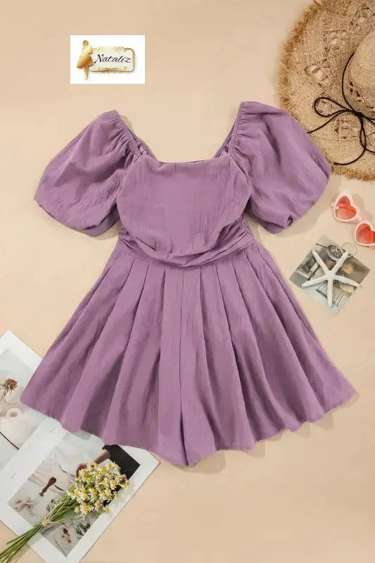 100% Cotton Valerian Square Neck Ruched Puff Sleeve Romper Nataliz