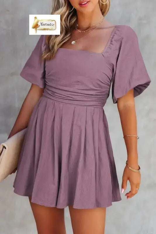 100% Cotton Valerian Square Neck Ruched Puff Sleeve Romper Nataliz