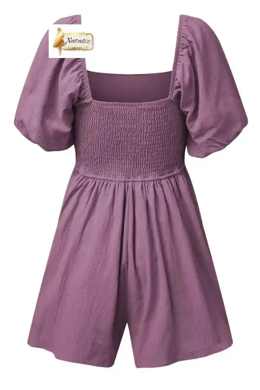 100% Cotton Valerian Square Neck Ruched Puff Sleeve Romper Nataliz