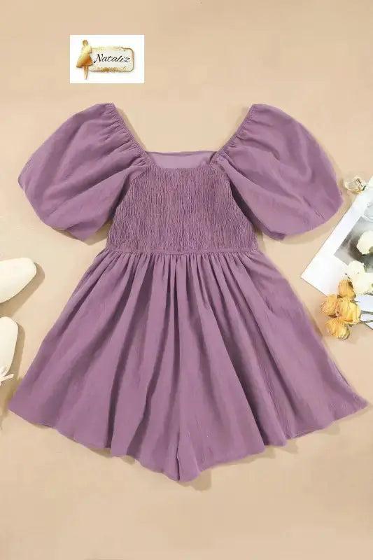 100% Cotton Valerian Square Neck Ruched Puff Sleeve Romper Nataliz