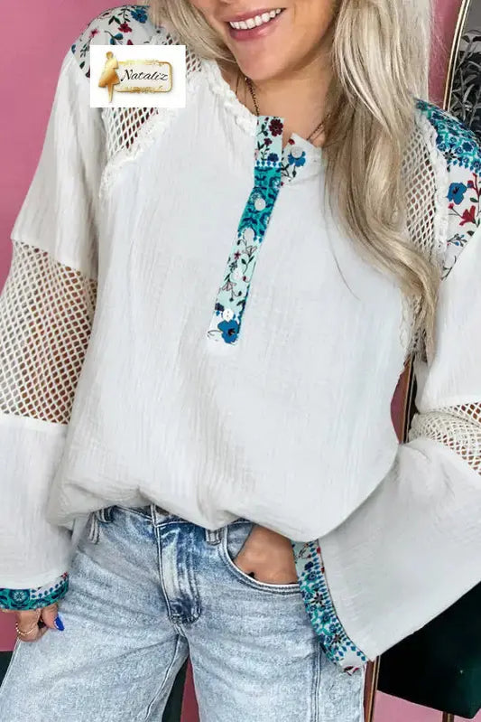 100% Cotton White Plant Mesh Patched Color Block Half Button Blouse Dear-Lover Dropshipping