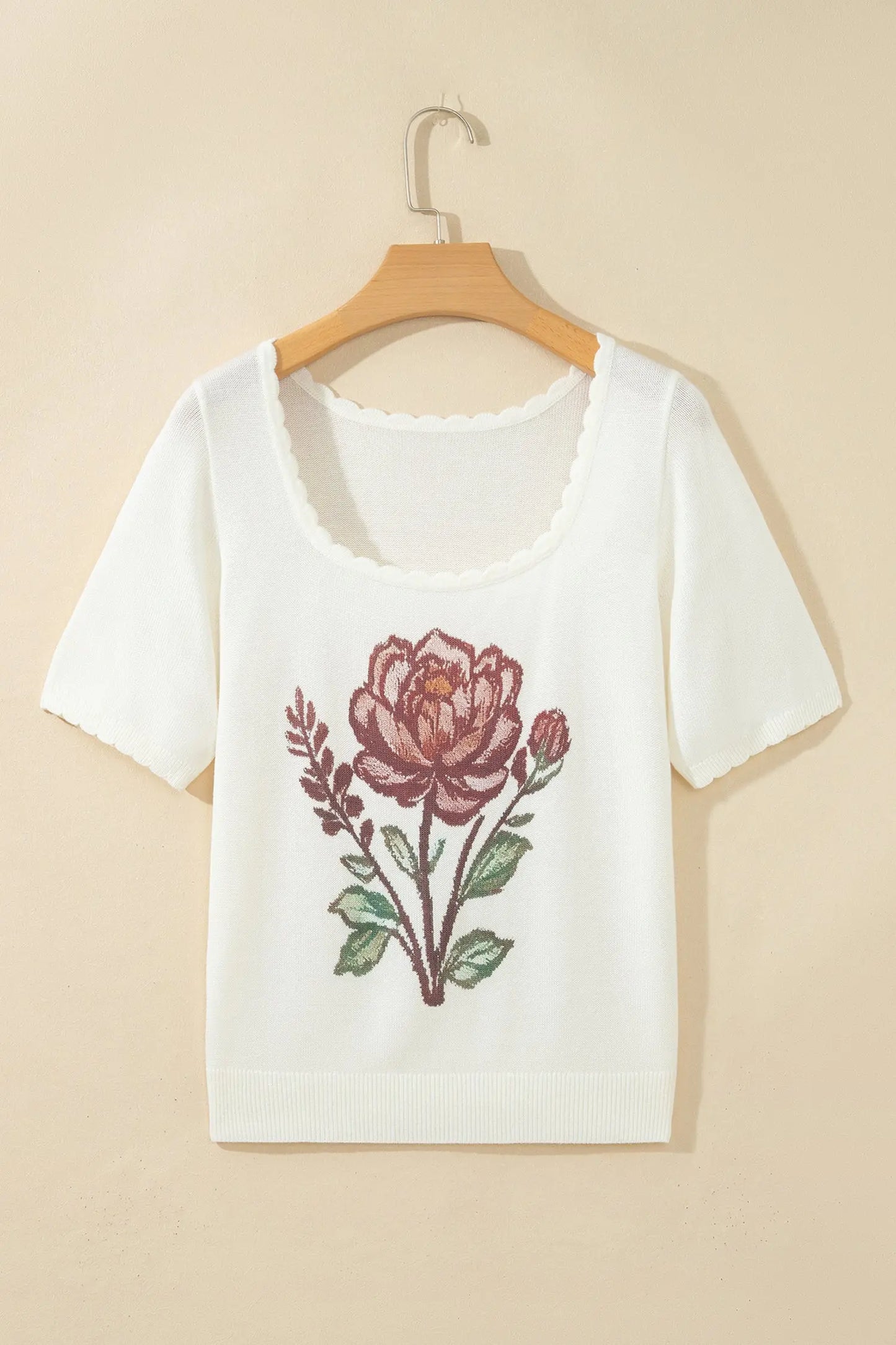 White Western Floral Print Short Sleeve Square Collar Knit Sweater