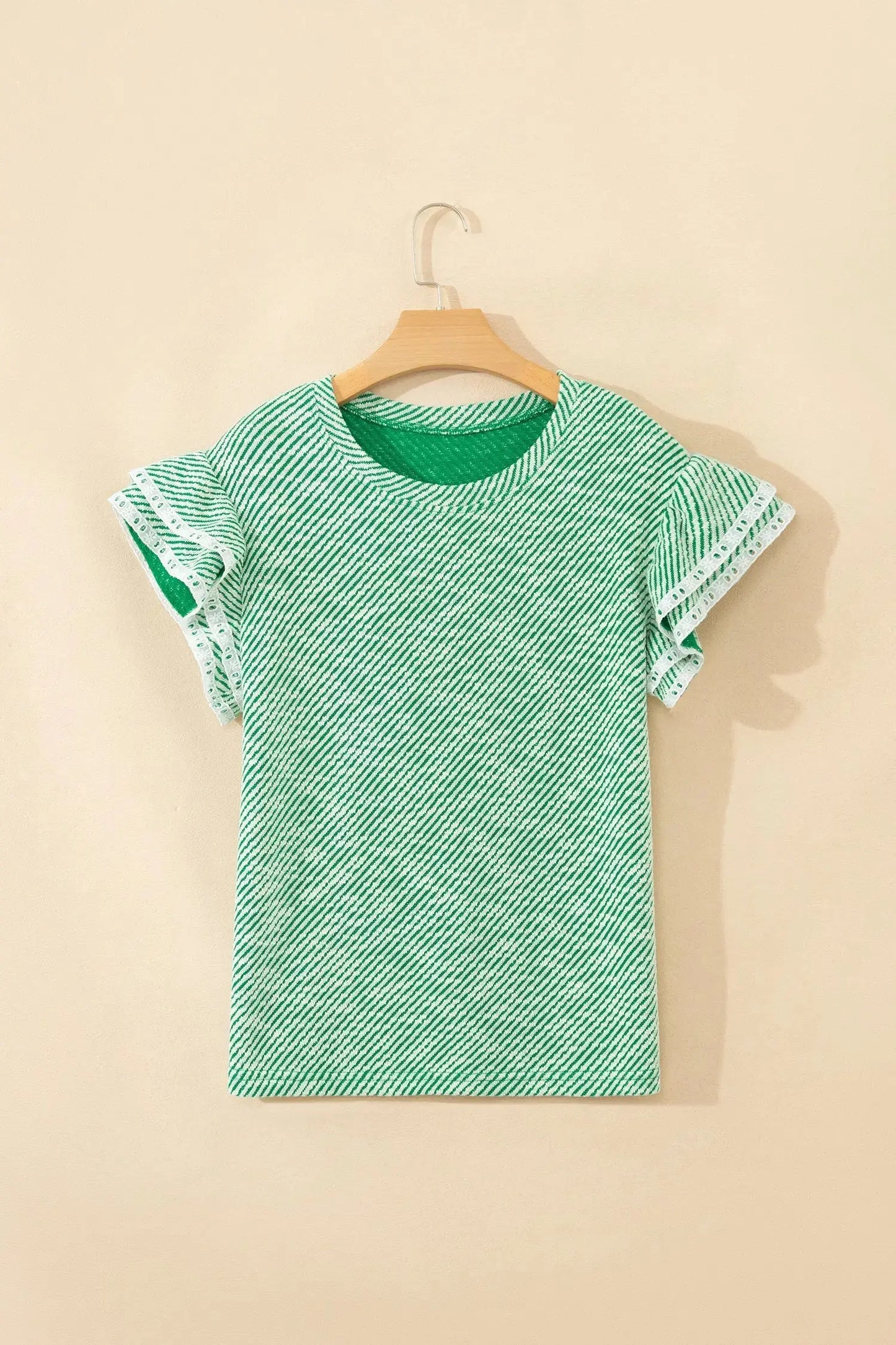 Clearly Aqua Twilled Print Lace Trim Ruffled Short Sleeve Blouse Nataliz