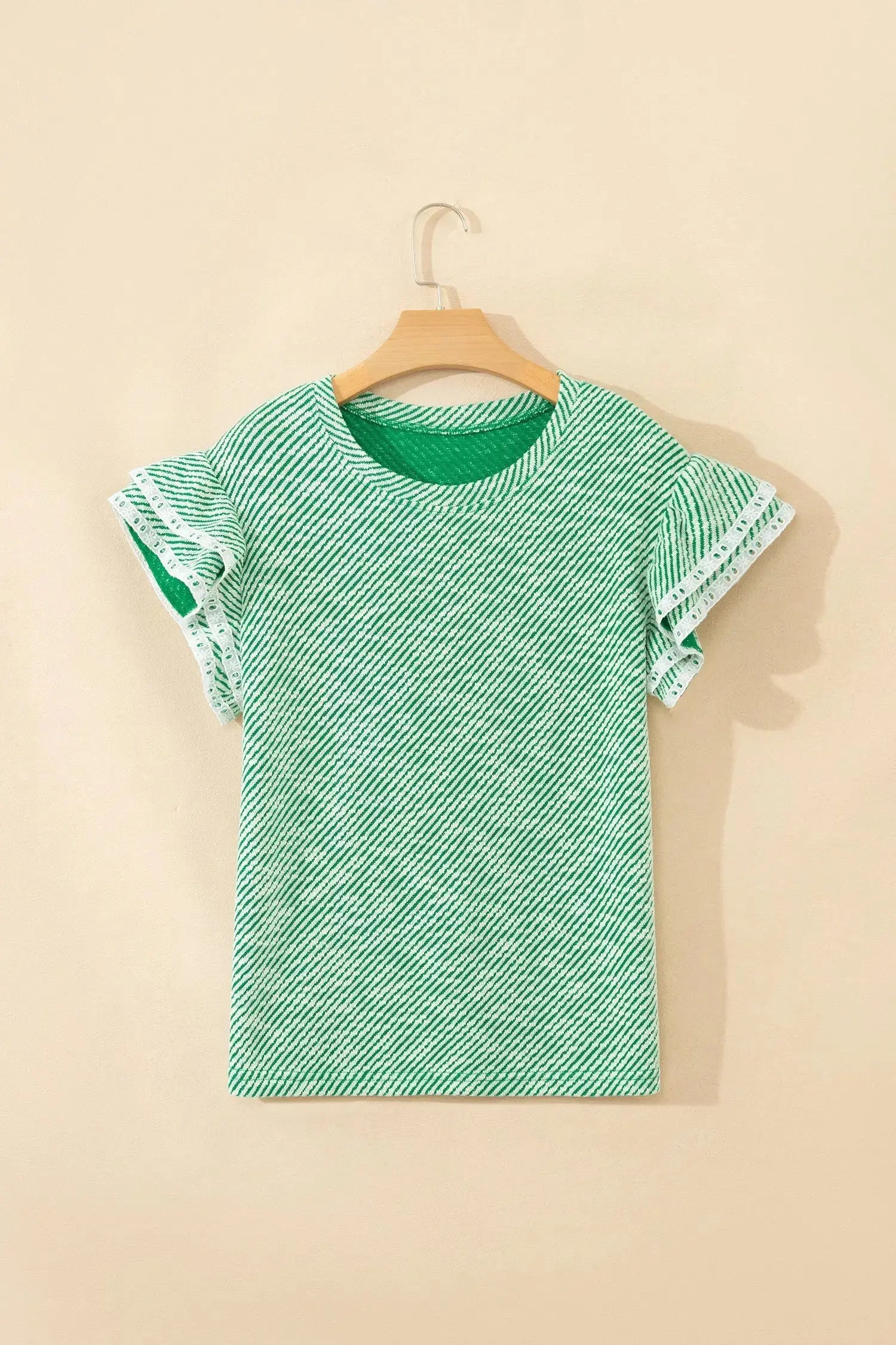 Clearly Aqua Twilled Print Lace Trim Ruffled Short Sleeve Blouse Nataliz