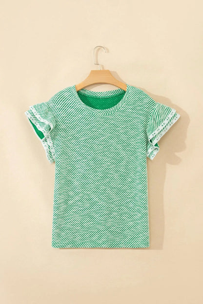 Clearly Aqua Twilled Print Lace Trim Ruffled Short Sleeve Blouse Nataliz
