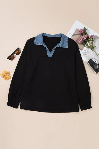 Black Solid V Neck Tunic Shift Long Sleeve Plus Size Blouse