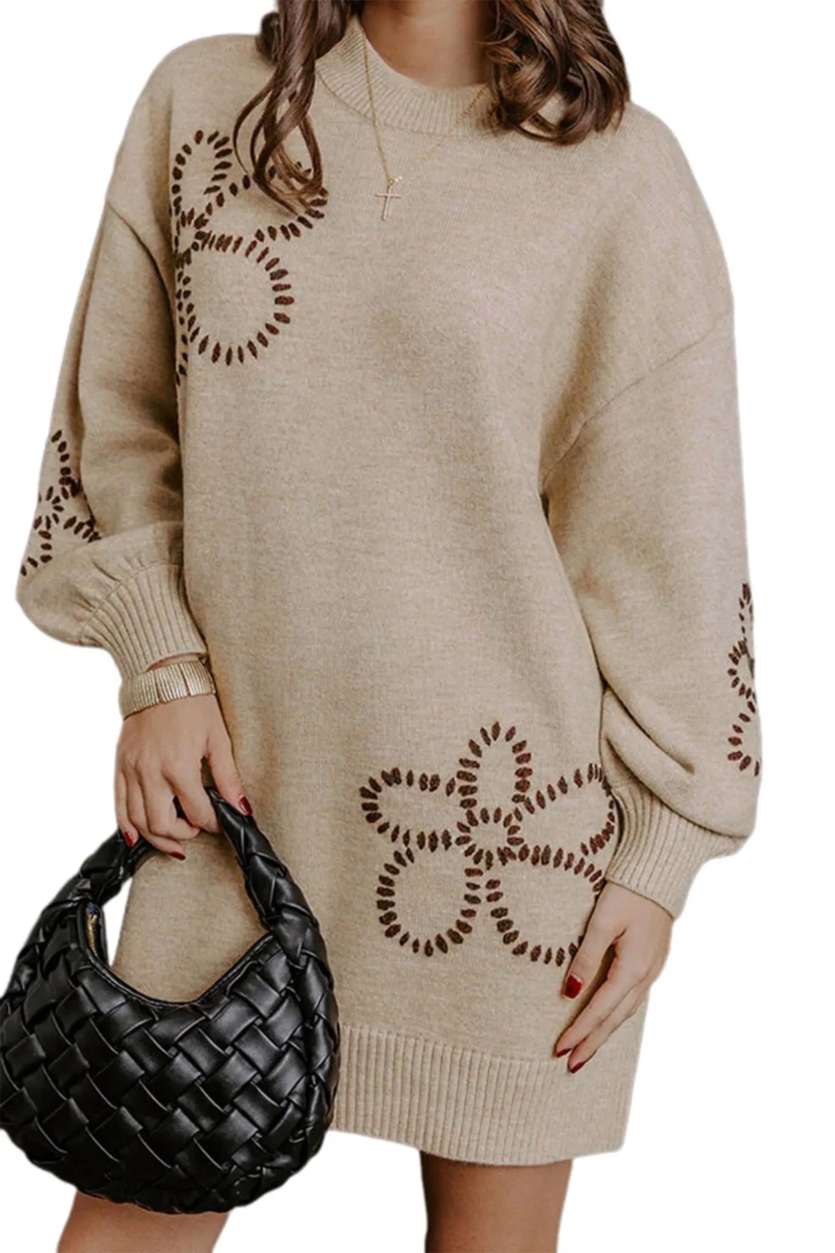Parchment floral pattern round neck puff sleeve shift sweater dress model front view · nz-alt-v1