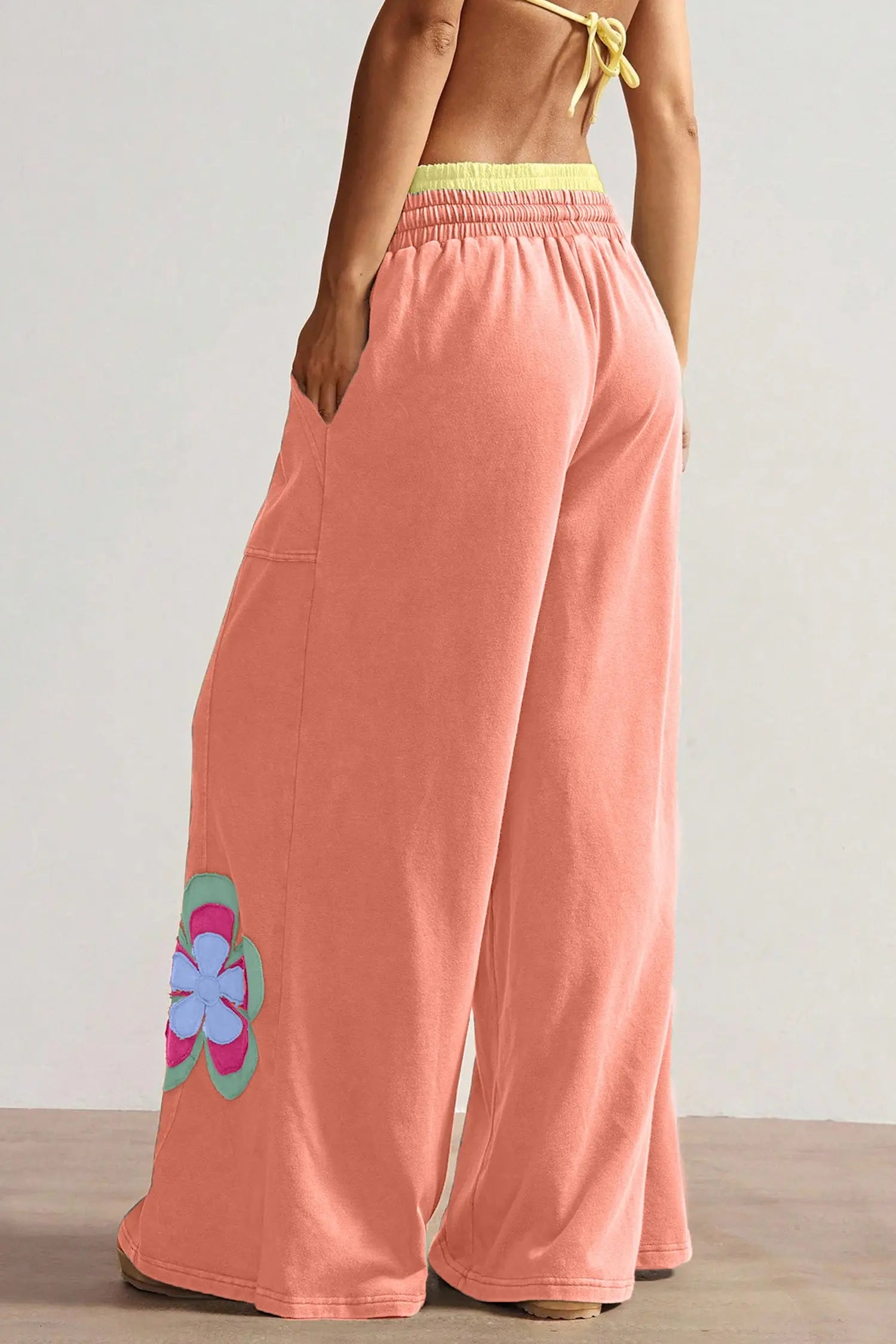 Grapefruit Orange Color Block Flower Patchwork Drawstring Contrasted Elastic Waist Wide Leg Pants Nataliz