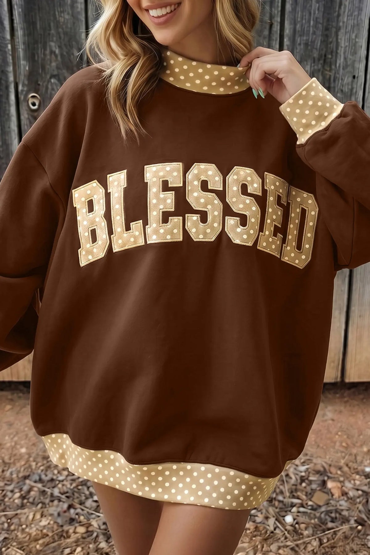 Polka Dot Trim High Neck GRACE Letter Graphic Baggy Sweatshirt