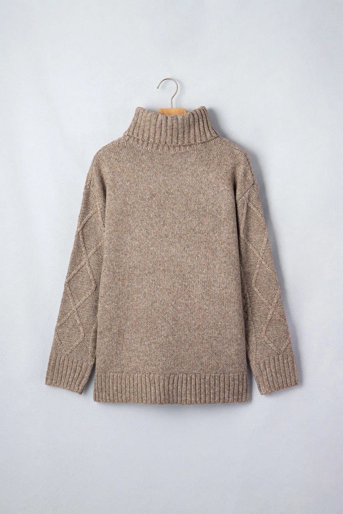 Dark Khaki High Neck Drop Shoulder Cable Knit Regular Length Sweater
