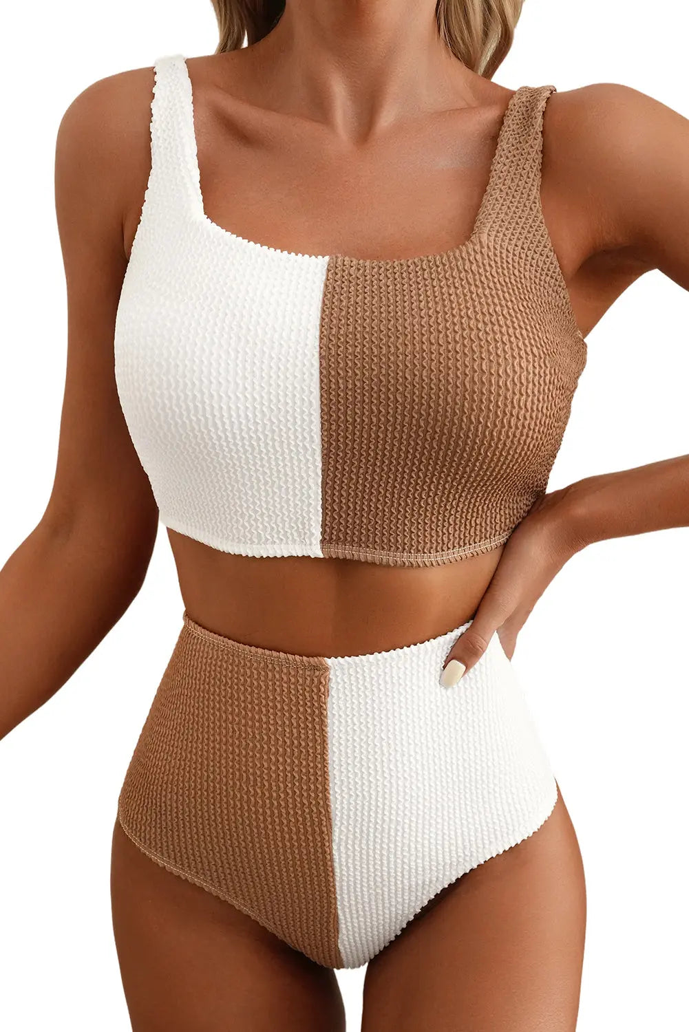 White corded colorblock square neck bikini swimsuit model front view · nz-alt-v1