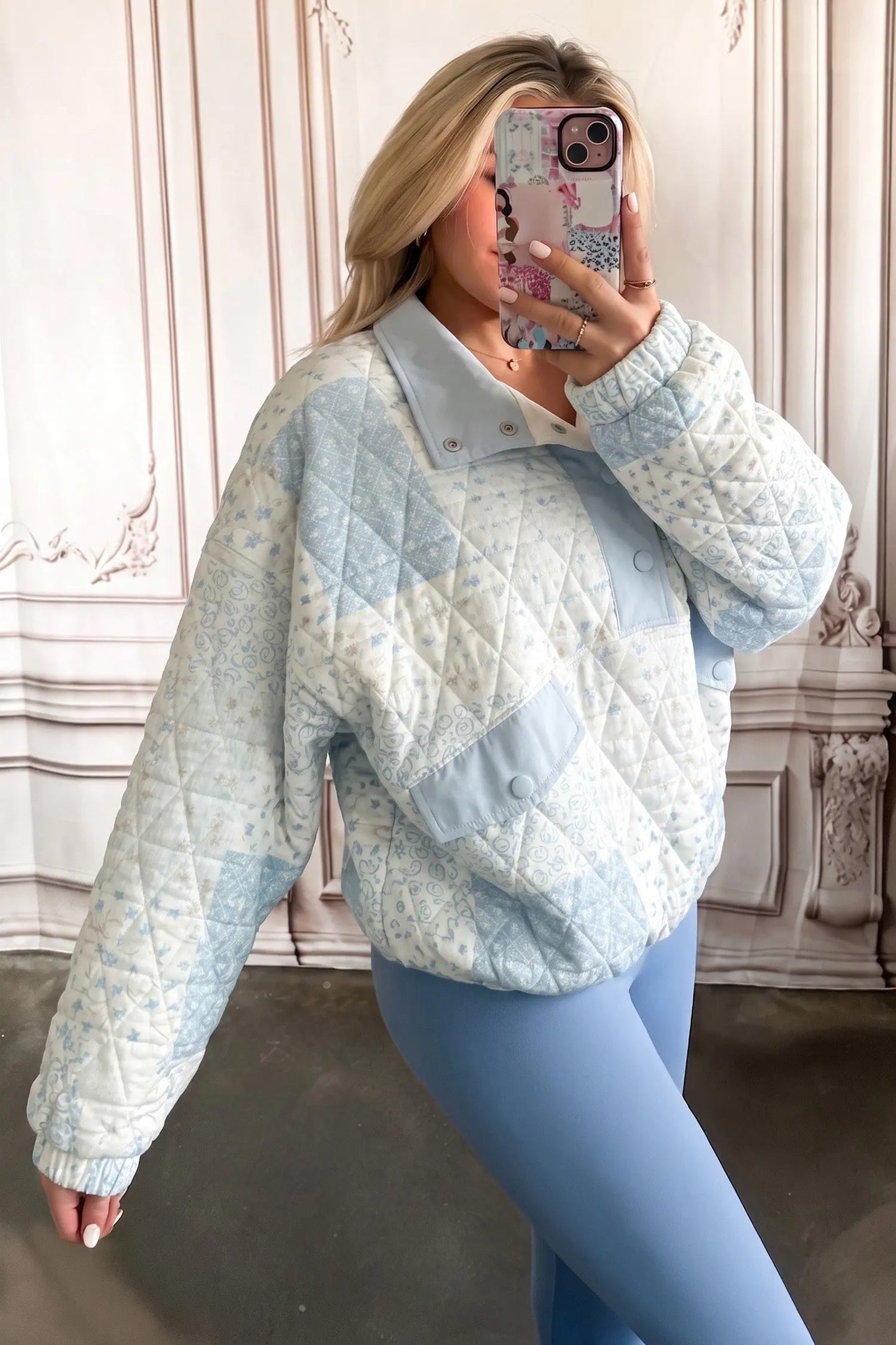 Pink Floral Quilted Half Button Pocketed Pullover Sweatshirt