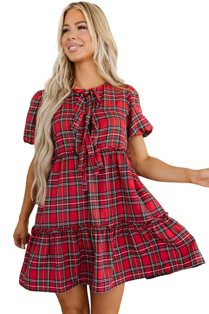 Red Plaid Knot Neck Short Sleeve Mini Shift Dress