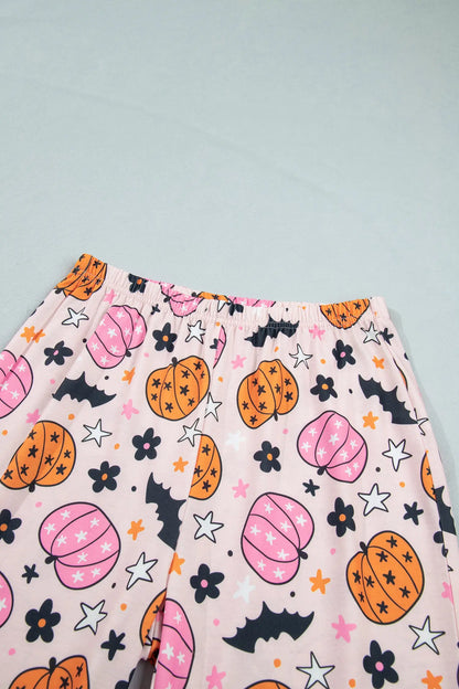 Pink Halloween Pumpkin Print Long Sleeve Home Wear Lounge Set