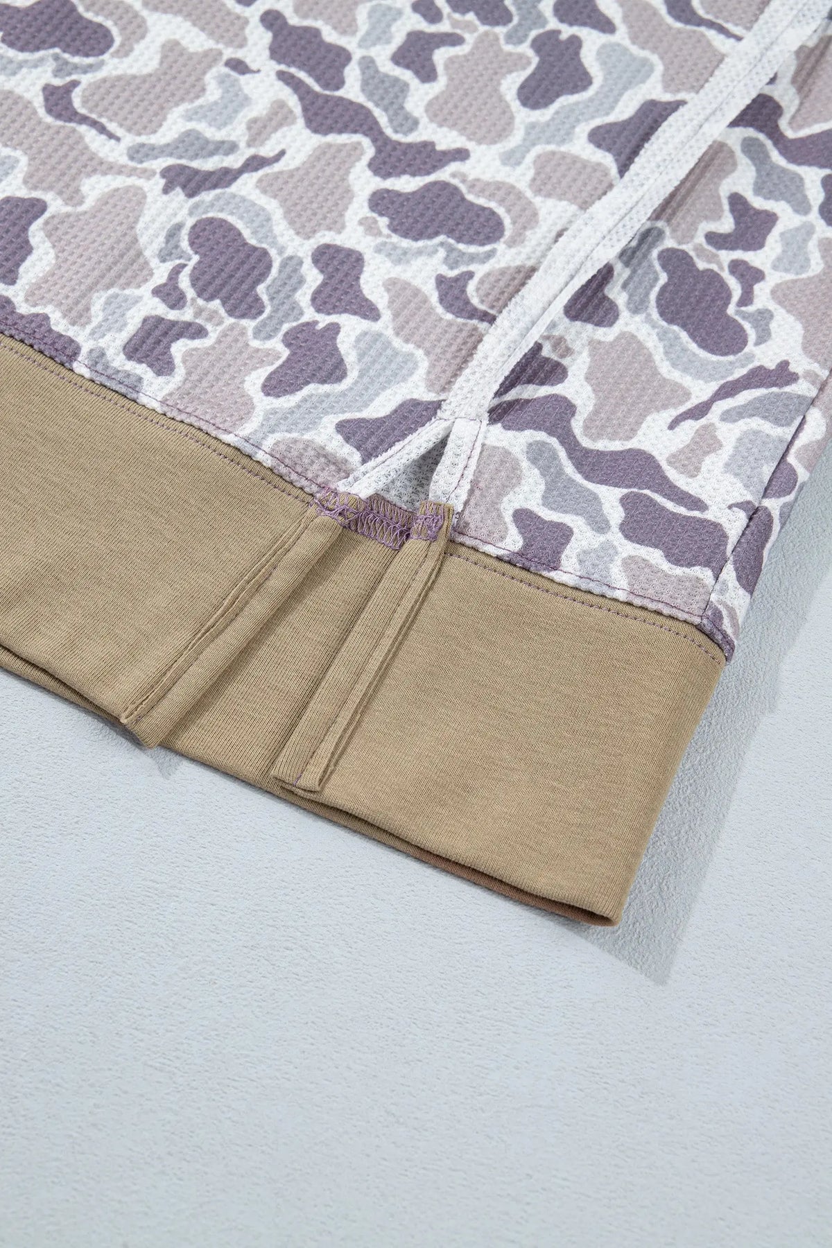 Khaki Camouflage Print Textured Knit Color Block Trim Long Sleeve Top