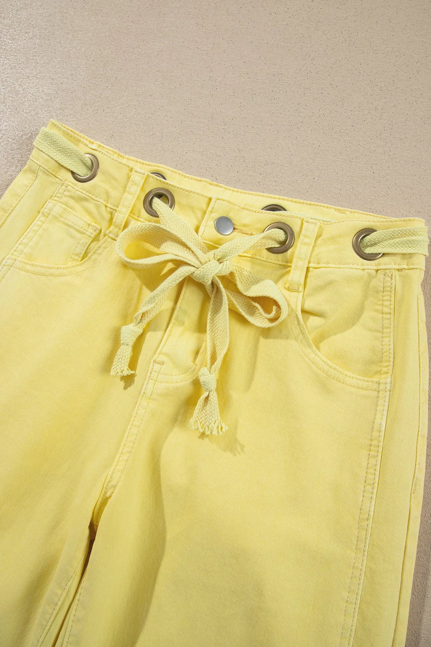 Yellow Solid Color Grommet Detail Knot Waist Barrel Jeans