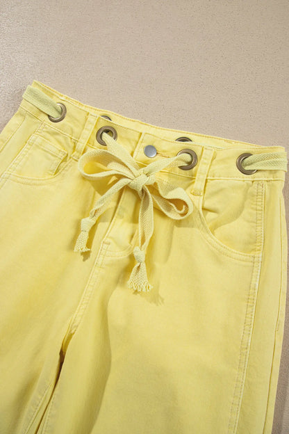 Yellow Solid Color Grommet Detail Knot Waist Barrel Jeans