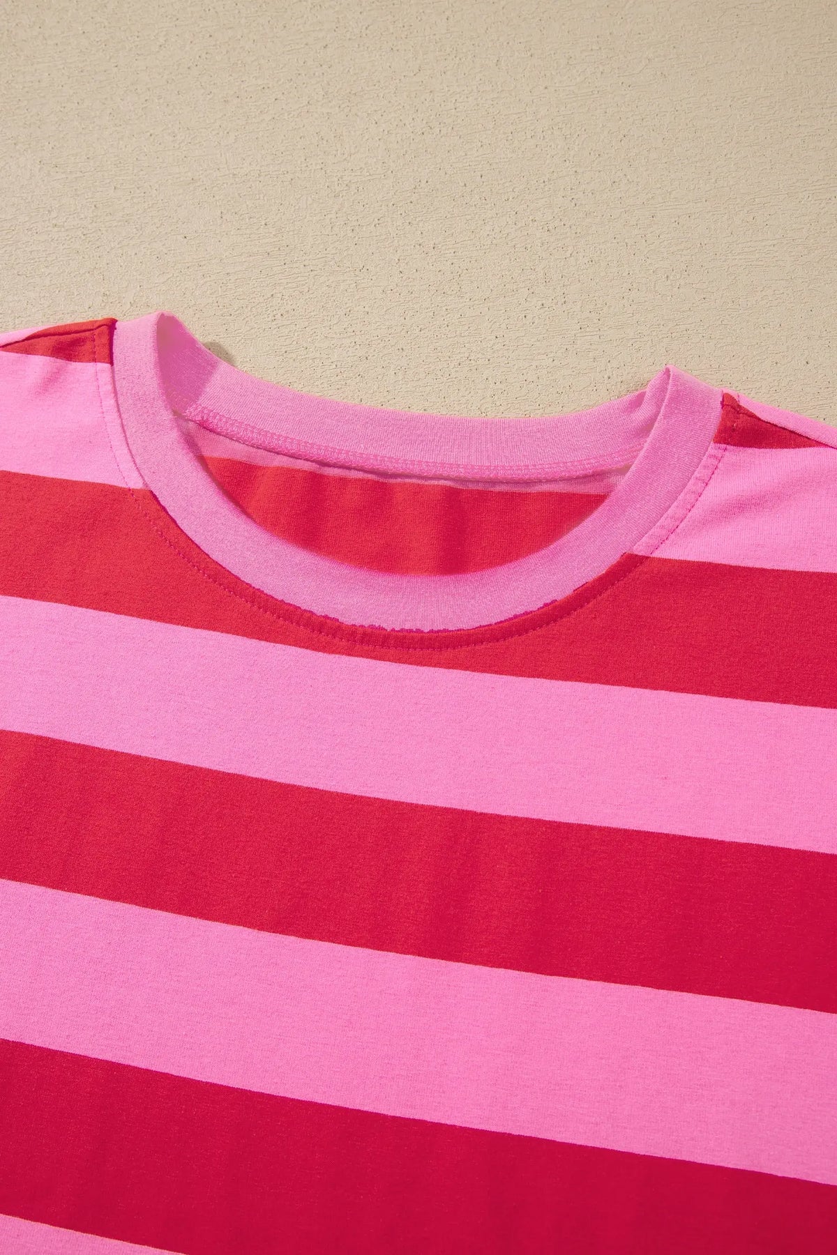 Rose Stripe Cuffed Short Sleeve Pocketed Casual T Shirt Long Dress crew neckline detail view · nz-alt-v1