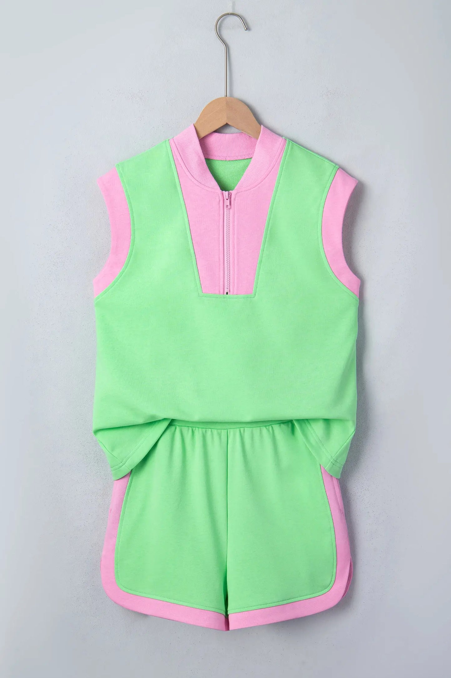 Green Color Block Accent Half Zip Top Athleisure Shorts Set