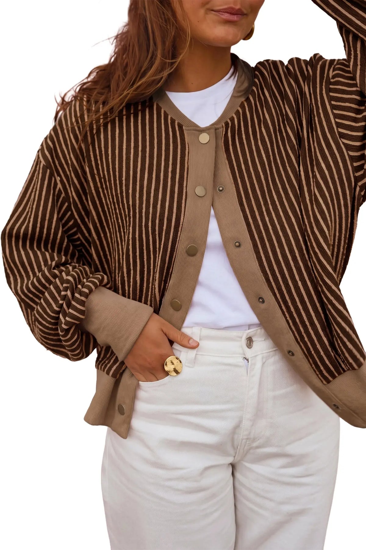 Stripe Striped V Neck Patchwork Long Sleeve Regular Fit Cardigan