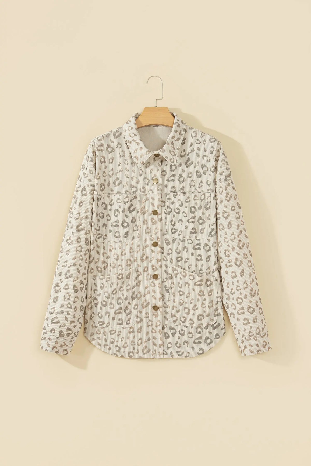 Khaki Leopard Print Corduroy Shirt Collar Long Sleeve Regular Fit Jacket