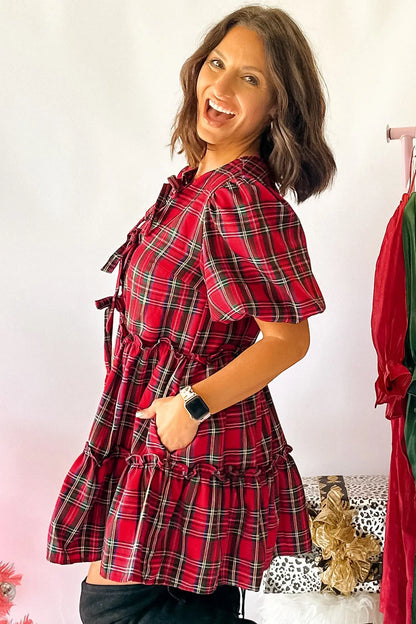 Red Plaid Knot Neck Short Sleeve Mini Shift Dress