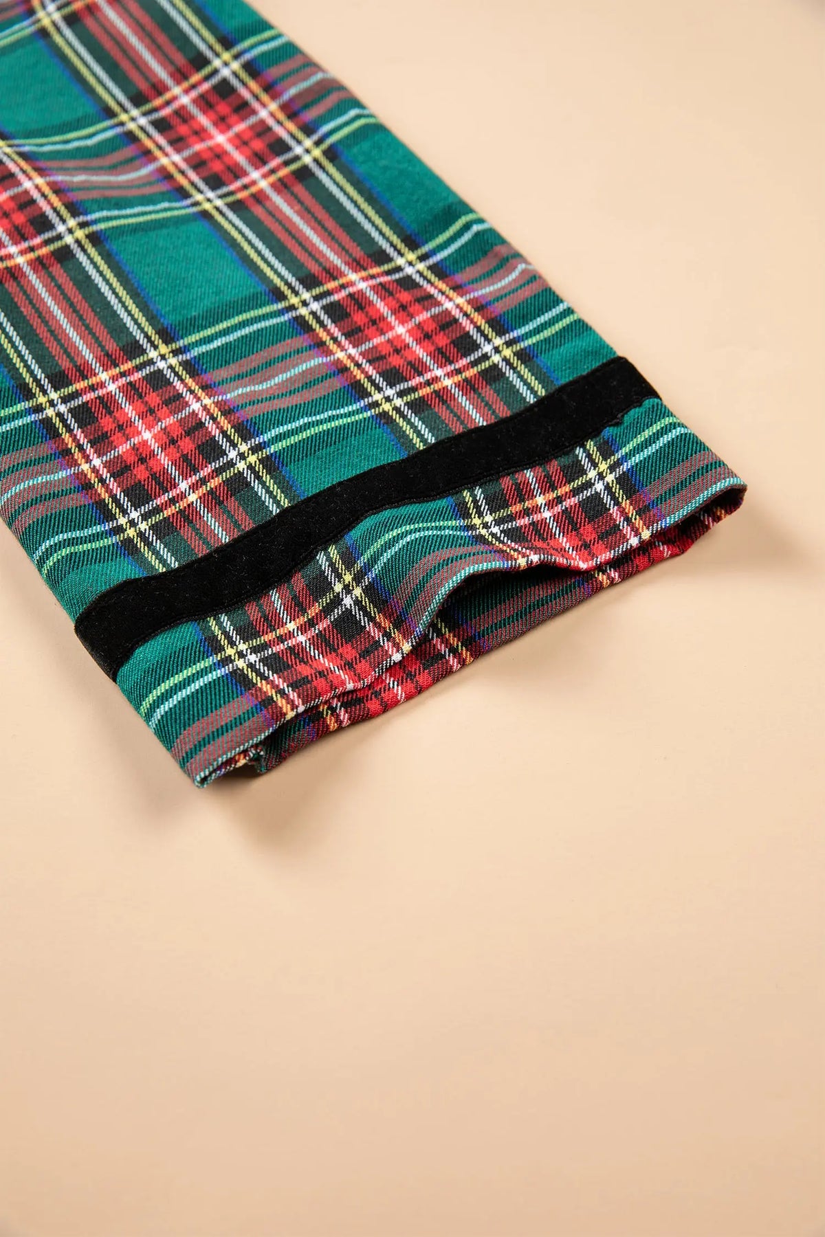 Green Plaid Velvet Trim Pockets Short Shift Dress