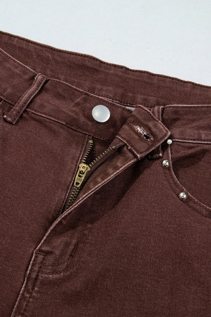 Coffee Side Seam Rivet Detail Ankle Length Casual Jeans